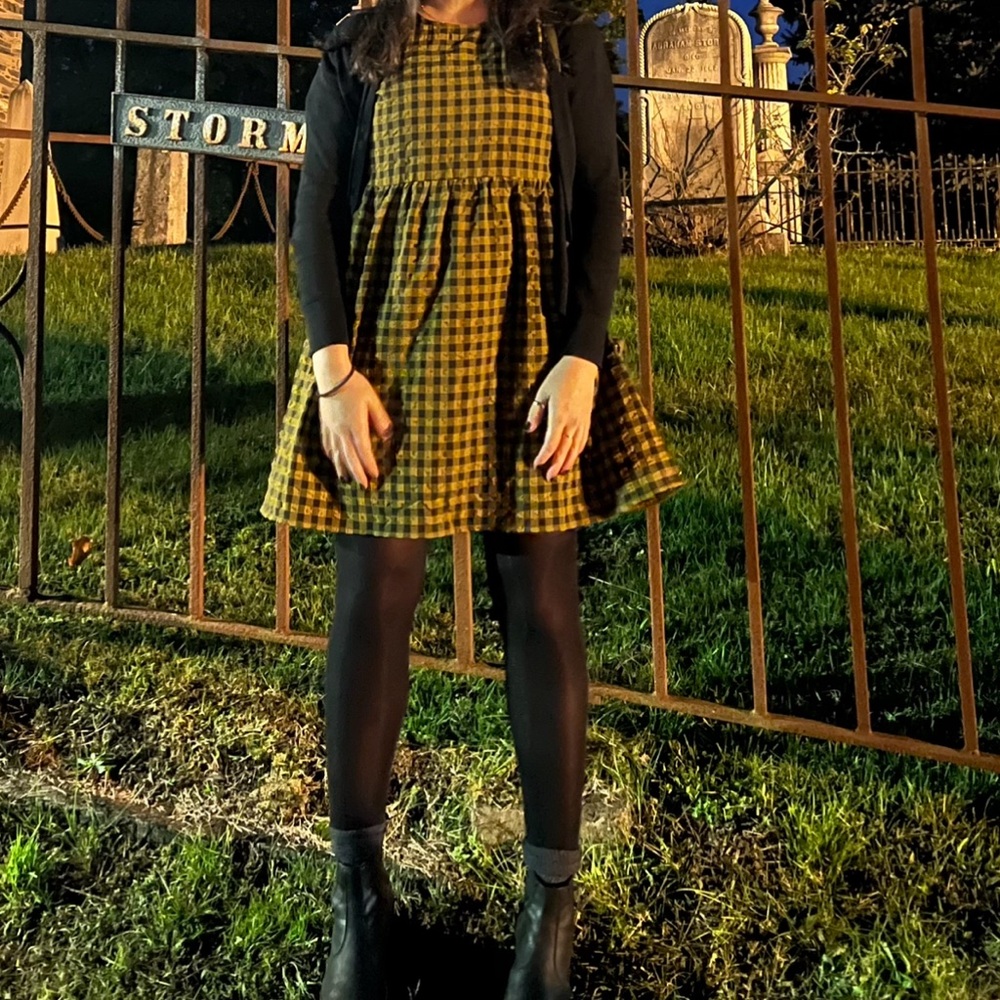 Target mustard yellow and black autumn plaid dress.